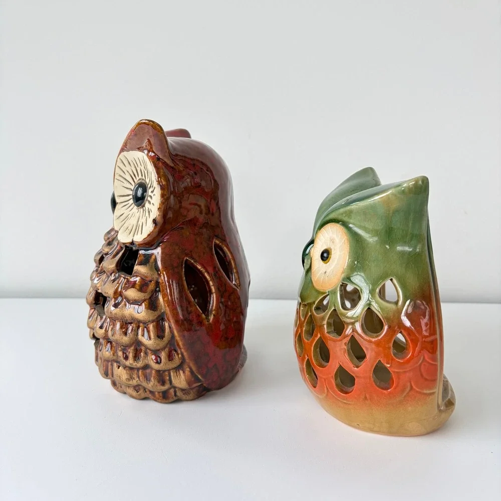 Vintage Ceramic Owl Tea Light Candle Holder Pair Mid Century Retro Boho Decor